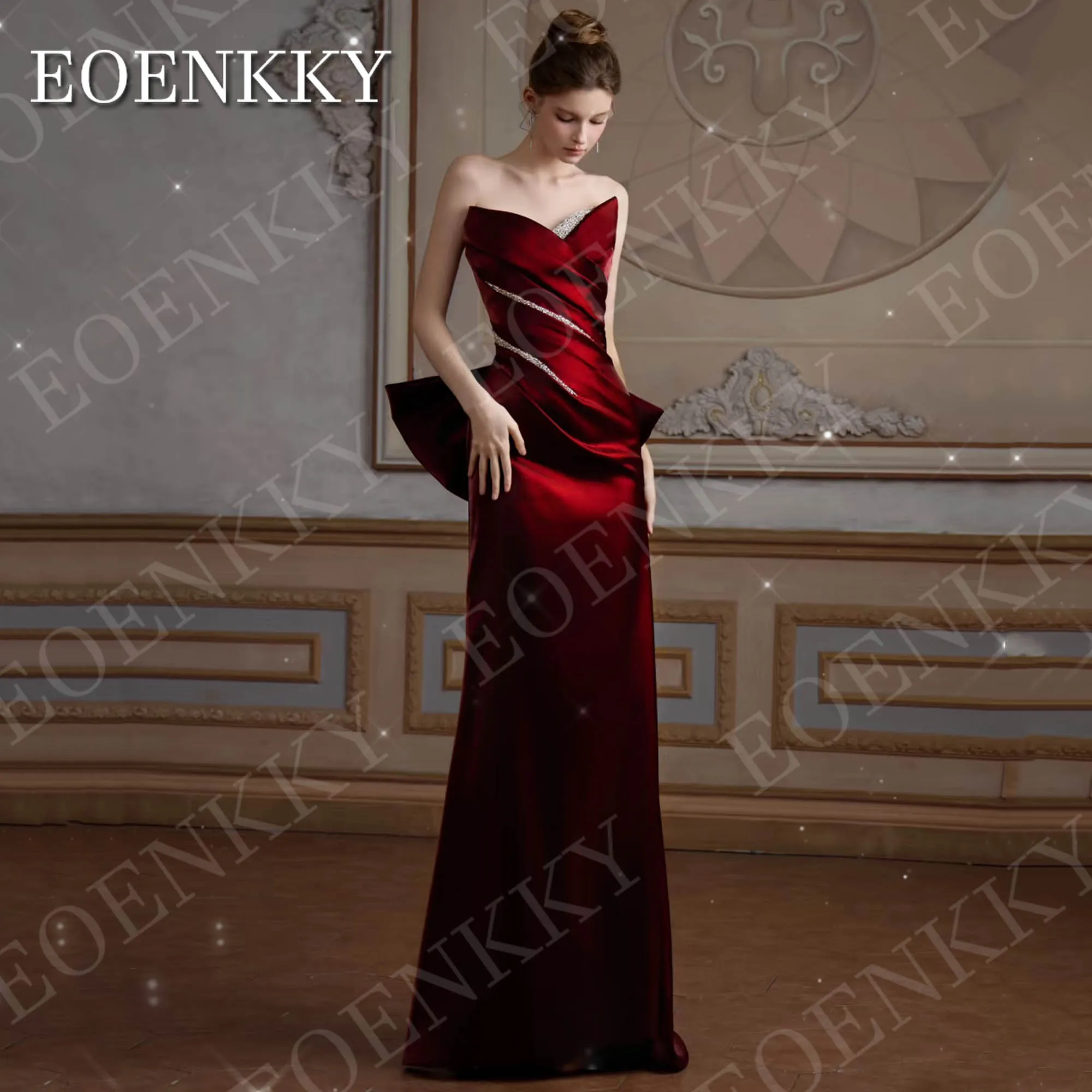 EOENKKY Borgogna Abito da sera elegante per donna Senza spalline Scollo a V Sirena in raso Abiti da festa formali Abiti personalizzati Borgogna elegante abito da sera per donna senza spalline V collo raso sirena formal
