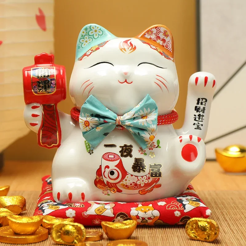7.5inch Ceramic Beckoning Cat Maneki Neko Ornament Feng Shui Decoration Swing Lucky Cat Cashier Recruitment Cat Desk Decoration