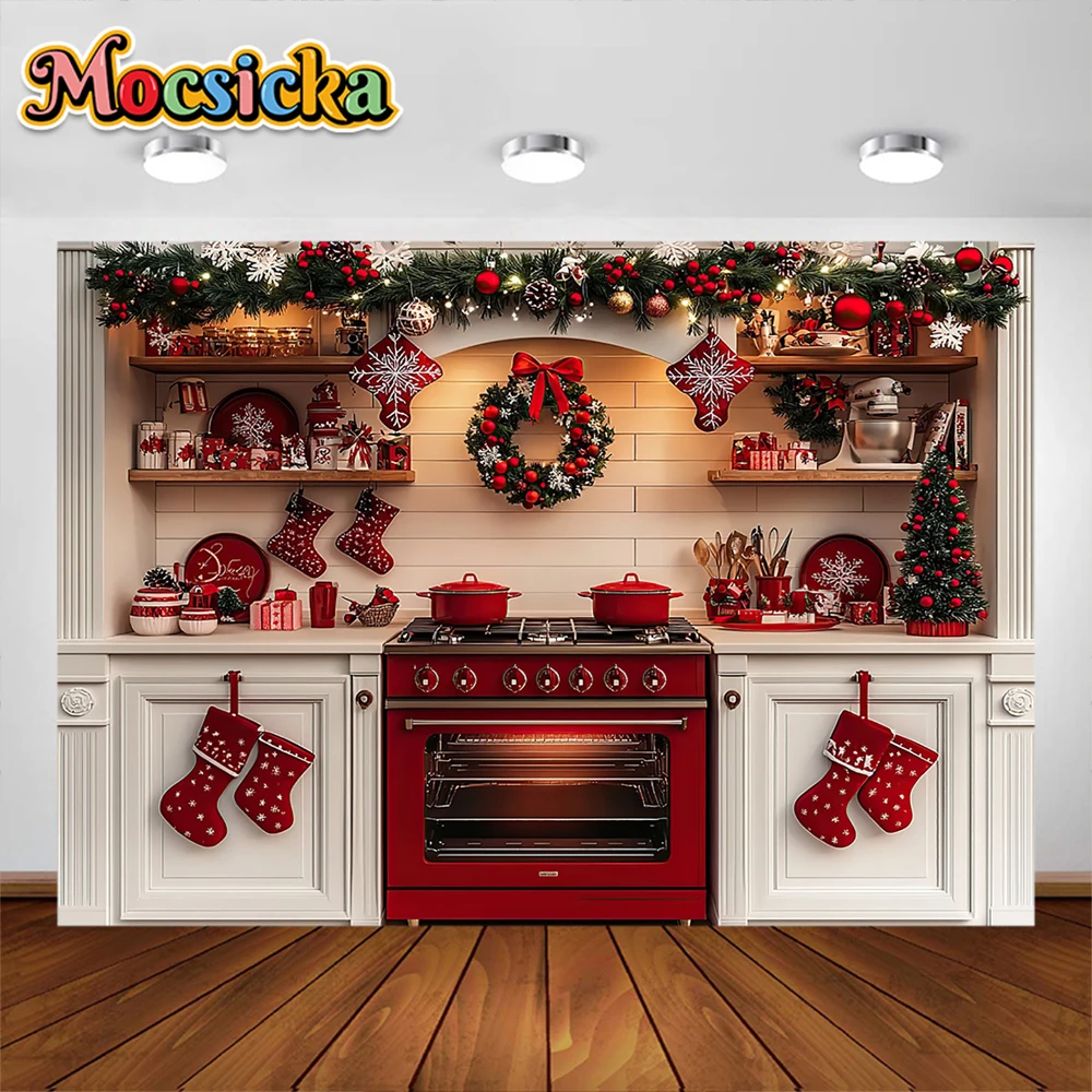 خلفية التصوير الفوتوغرافي لمطبخ الكريسماس ، إكليل الكريسماس ، جوارب حمراء ، ديكور العطلة ، أولاد ، بنات ، خلفية صورة صورة ، دعامة استوديو