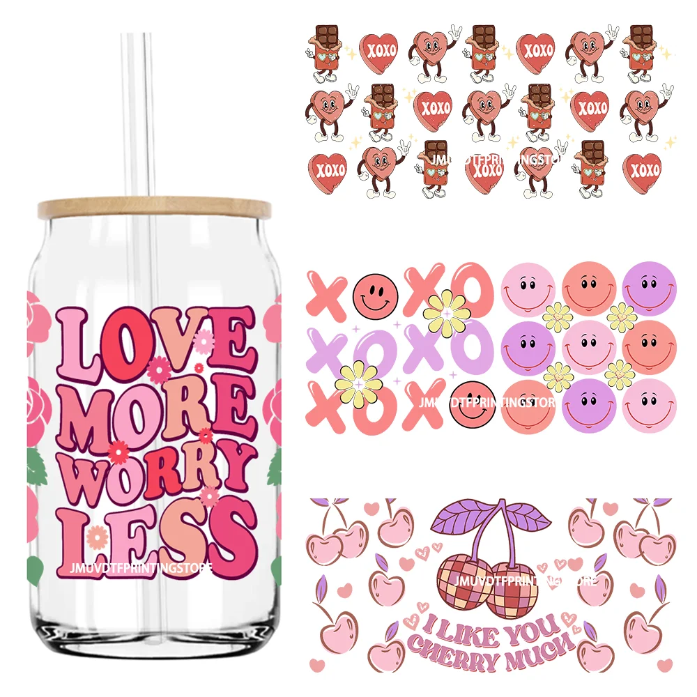 

Love More Worry Less UV DTF Sticker For 16OZ Libbey Glass Cup Can Wrap Transfer Sticker Custom Labels DIY Logo XOXO Valentines