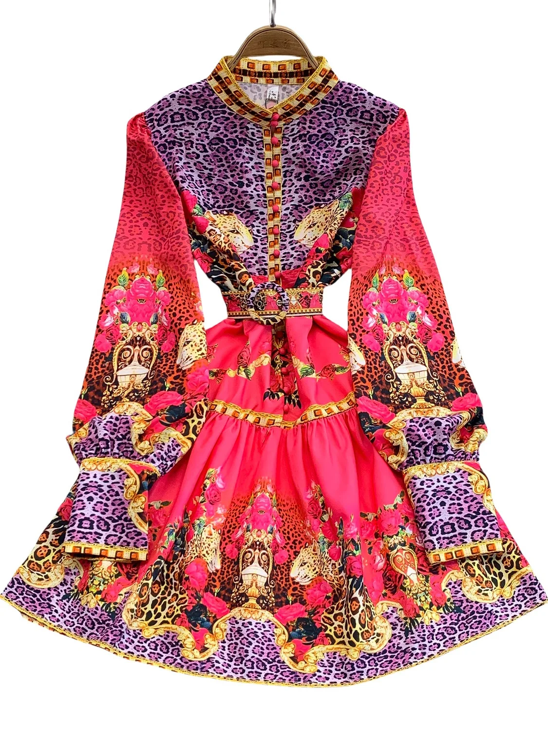 Retro Court Sle Colletto alla coreana Lanterna Sve Dr Donna Estate High-End Stampato Vita che impingente Dimagrante Midi Dr