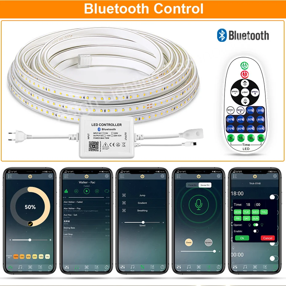 Imagem -04 - Tuya Inteligente Tira Conduzida Luzes de 15m Bluetooth App 120leds m Ip65 Verde Branco Quente Wifi 220v Fita Competible com Alexa Controle de Voz