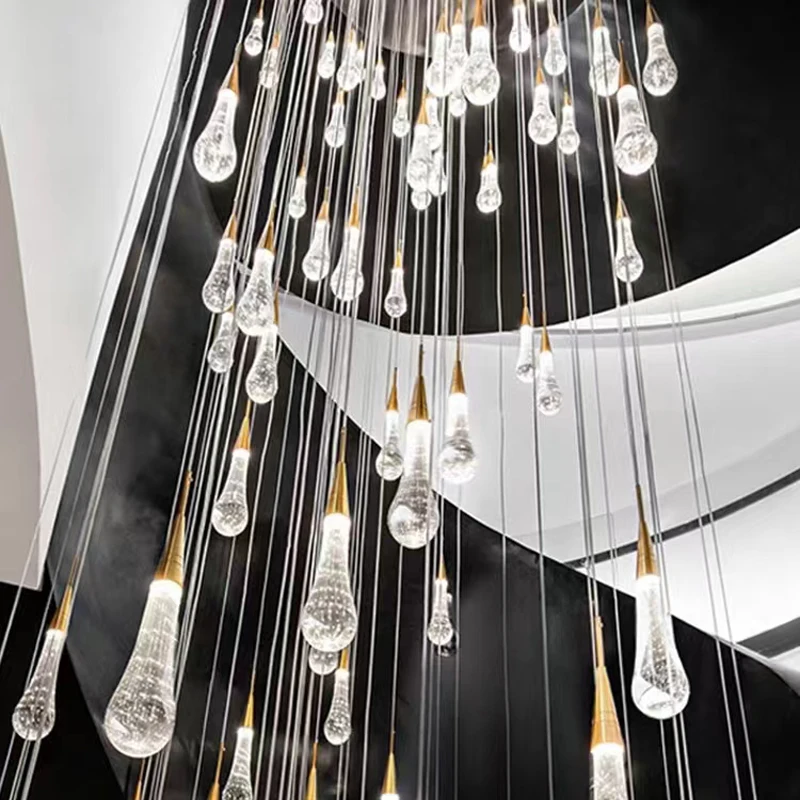 

Stair Pendant Lamps Water Drop Long Chandelier Modern Creative Revolving Duplex Building Villa Hotel Staircase Crystal Lustres