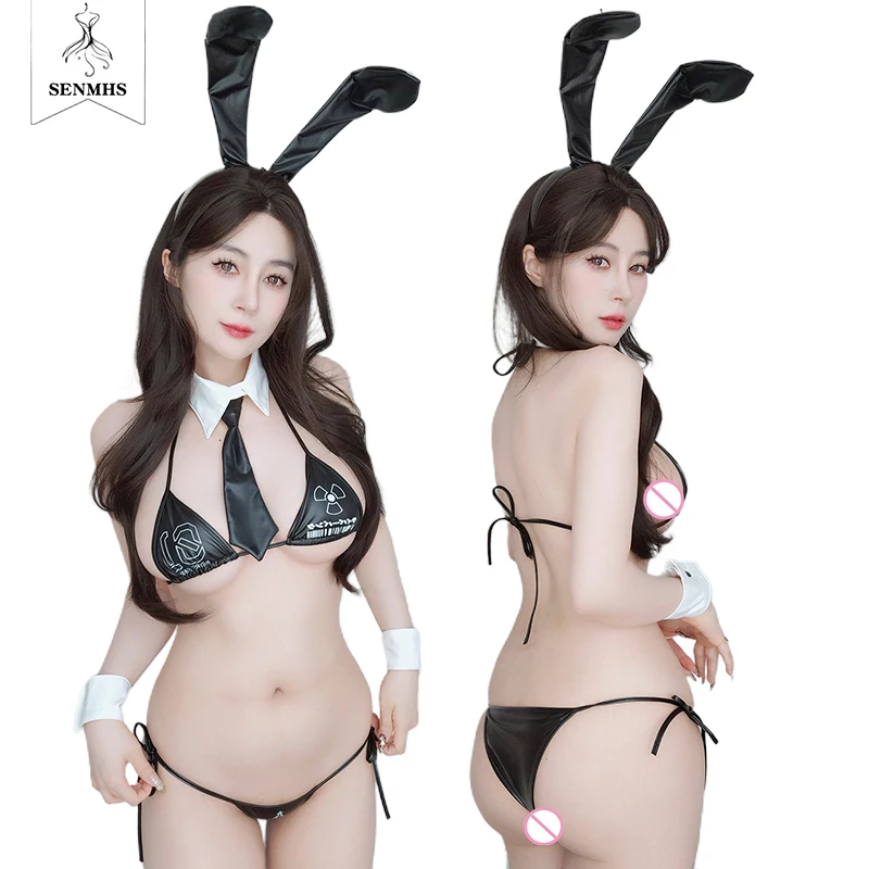 

SENMHS Sexy Bunny Bikini Lingerie Girl PU Leather Suit Sexy Uniform Underwear Rabbit Corset Anime Roleplay Halloween Set