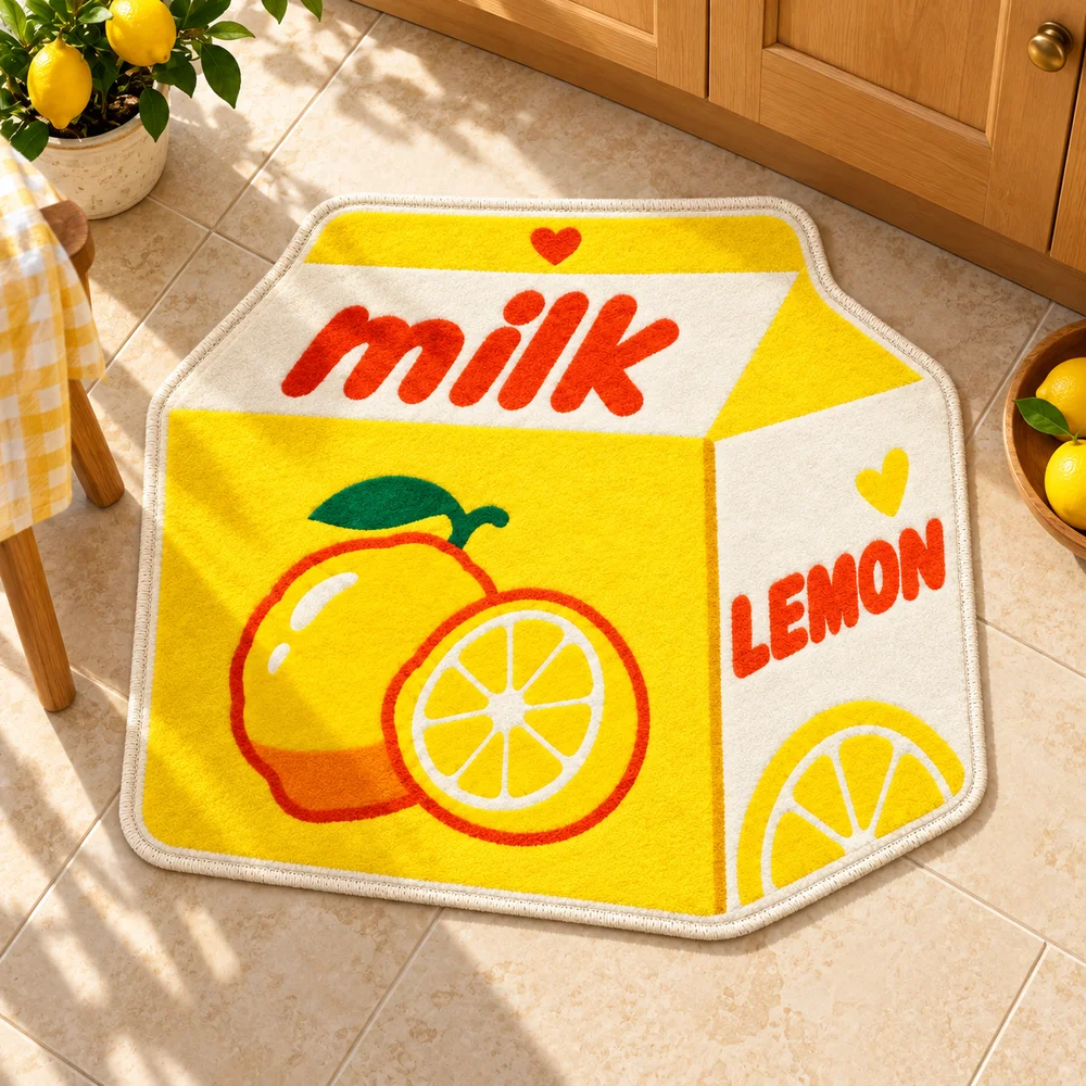Lemon Milk Yellow Carton Irregular Flannel Rug, Fruit Shaped Area Floor Mat for Kitchen Bedroom Entryway Home Decor Gift