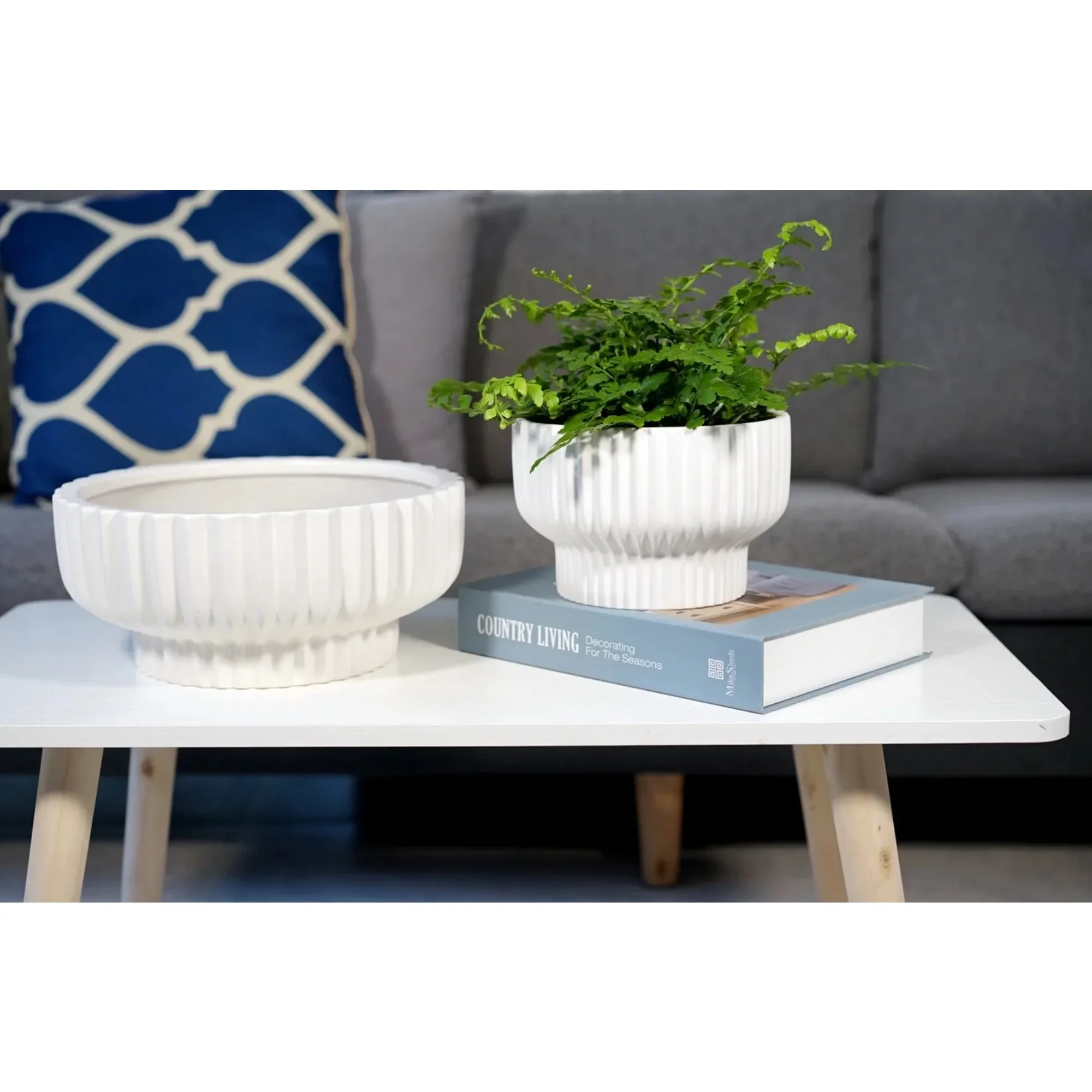 

White Round Ceramic Flower Pot, 12-Inch Fischer Style Planter for Home or Garden