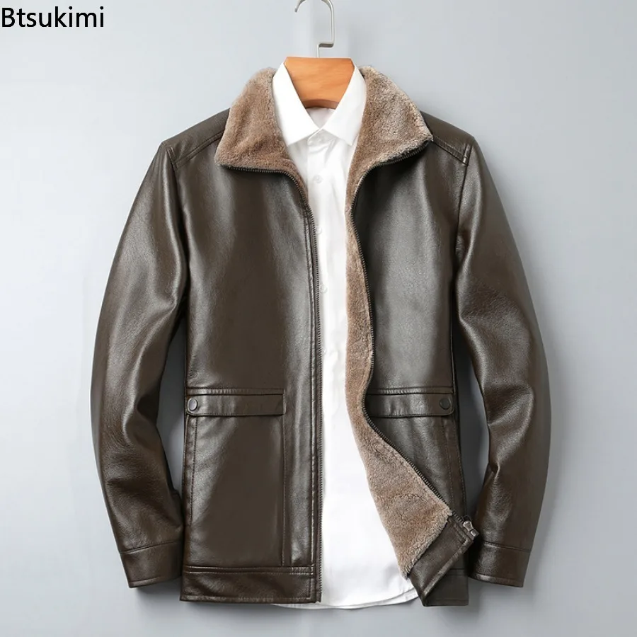 2026 Fashion Men PU Jacket Fleece Liner Warm Solid Faux Leather Long Sleeve Cardigan Coats Autumn Winter Men Motorcycle Jackets