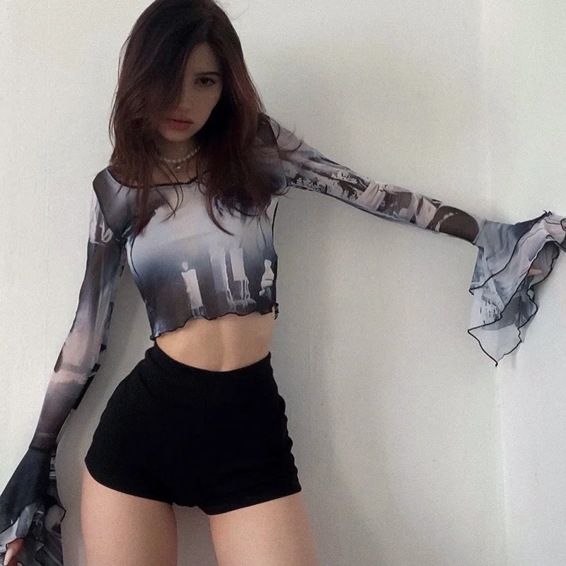 Punk Aesthetic Print Mesh Women Crop Tops Gothic Flare Sleeve See Through T-shirts Emo Lettuce Hem Sexy Streetwear