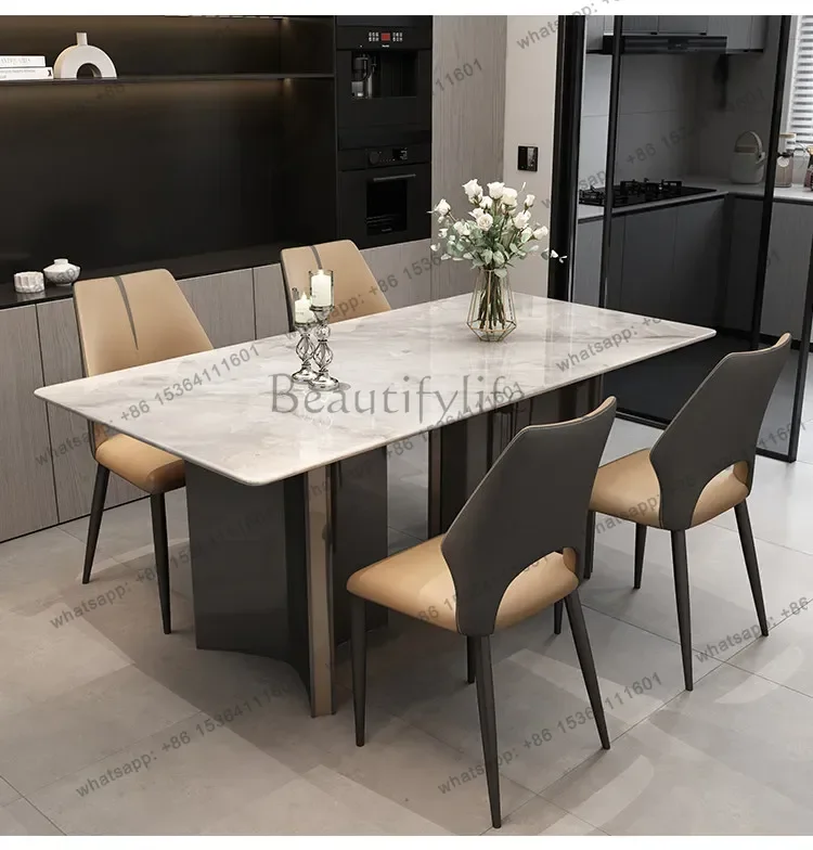 White Supercrystalline Stone Rectangular Dining Table And Chair Combination Design Simple Luxury Tavolo Di Pranzo Home Furniture