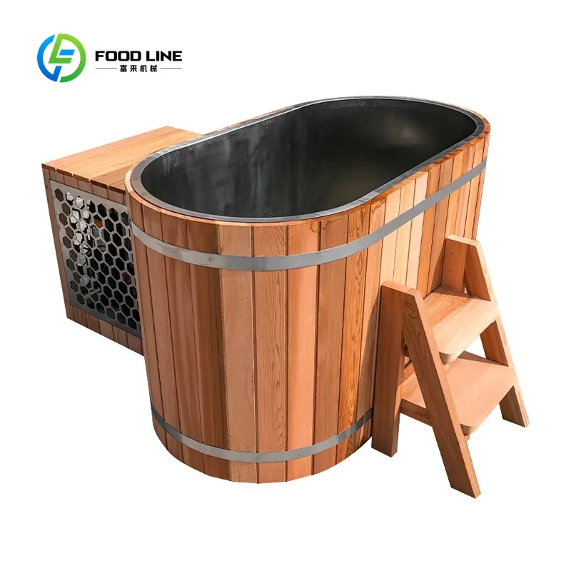 Customized Red Cedar Cold Plunge Spa Tub Stainless Steel Liner 1.2HP Chiller 10 Jet System Traditional Design Indoor/Outdoor Use