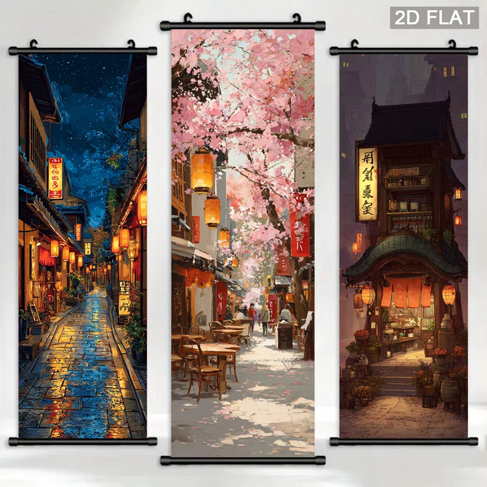 VIKAMA Japanese Old Town Cherry Blossom Scroll Tapestry, Anime-Style Lantern Town Street Scene Wall Art Poster, Home Decor