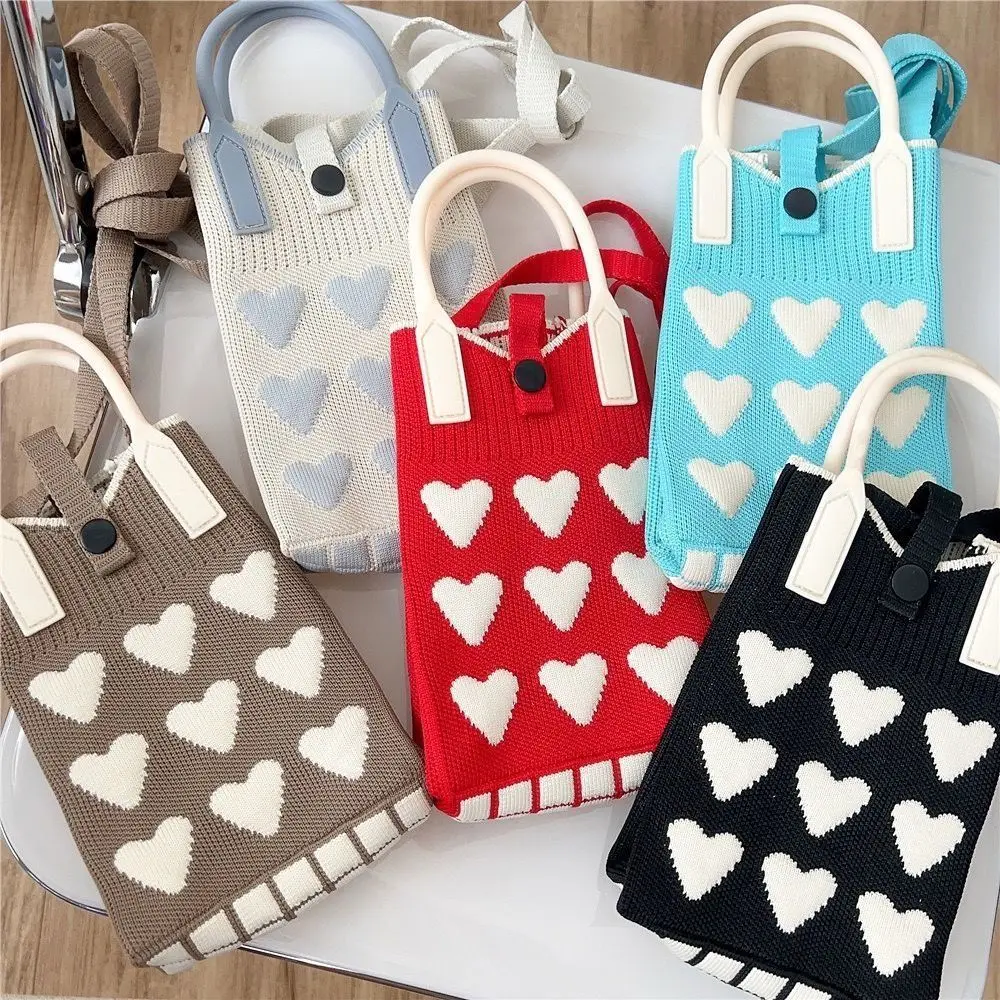 Sweet Love Knitted Mobile Phone Bag Silicone Handle Fashion Women Mini Shoulder Bag Mini Korean Knit Handbag Female Lady Girl