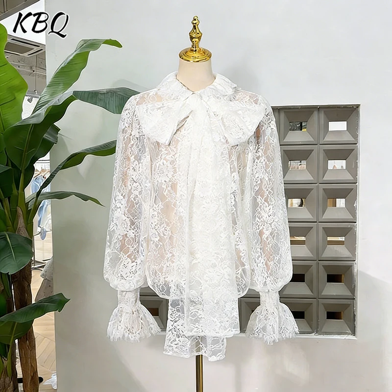 

Новая осенняя модная женская рубашка KBQ: элегантная повседневная модель с круглым вырезом, длинными рукавами, кружевными вставками и шнуровкой