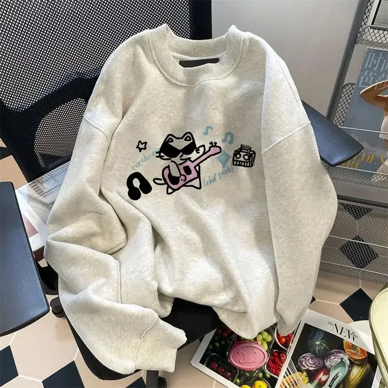 

American fun cat cartoon pattern round neck sweatshirt for men and women autumn sweet college style couple top with design sense