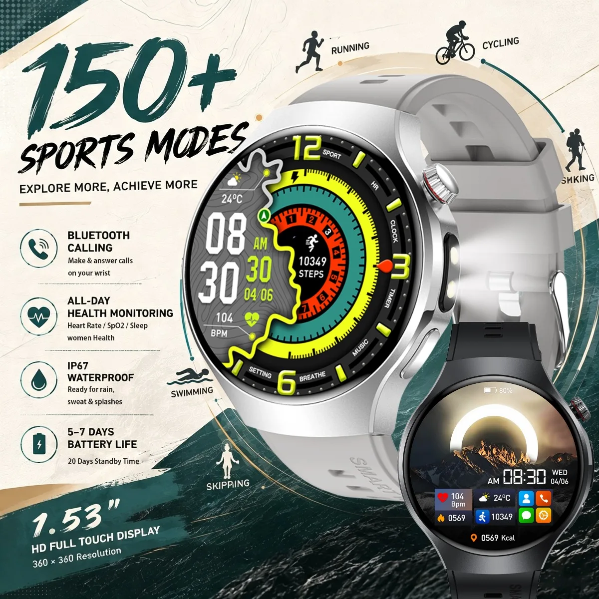 2026 NEW Smart Watch Men:Bluetooth Calls High-power Flashlight Sleep Monitoring Heart Rate Blood Oxygen Outdoor SmartWatch
