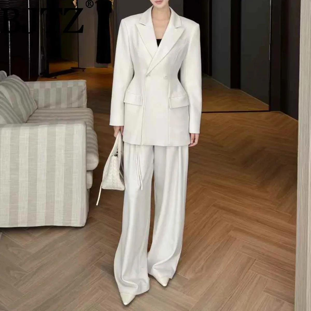 

BJTZ Temperament Fashion Blazer Jacket Set Woman's 2025 New Trendy Solid Office Lady Women Elegant Suit Top+wide Leg Pant Sets
