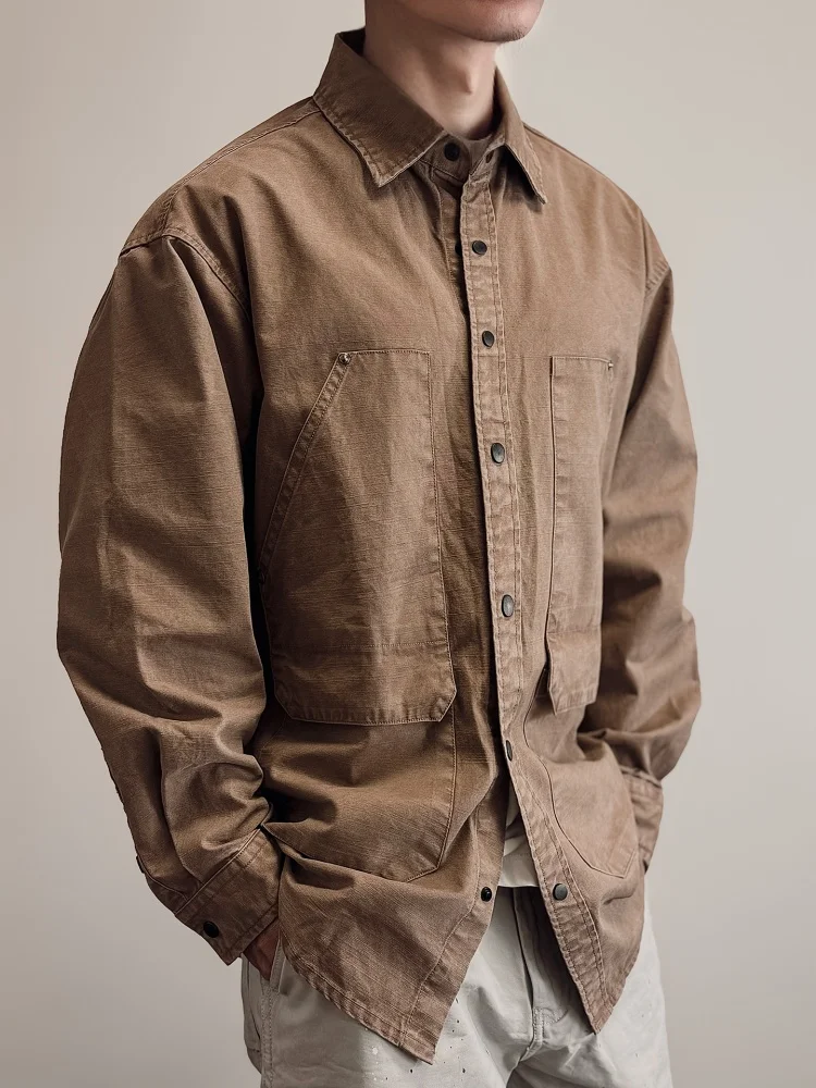 Mens Vintage Work Shirt Long Sleeve Pure Cotton Casual Loose Fit Plus Size High Quality Spring Autumn Army Green Japanese Style