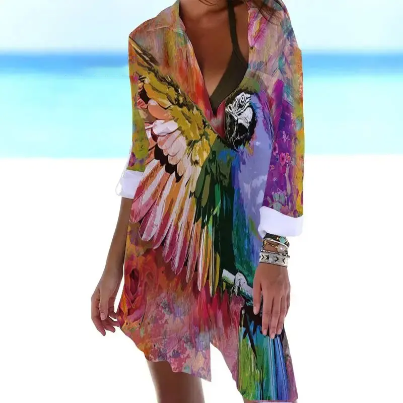 Summer 3D parrot print shirt dress Bird Beach sexy shirt jacket shirt women's long sleeved Maxi dress Vesido Mujer Traf