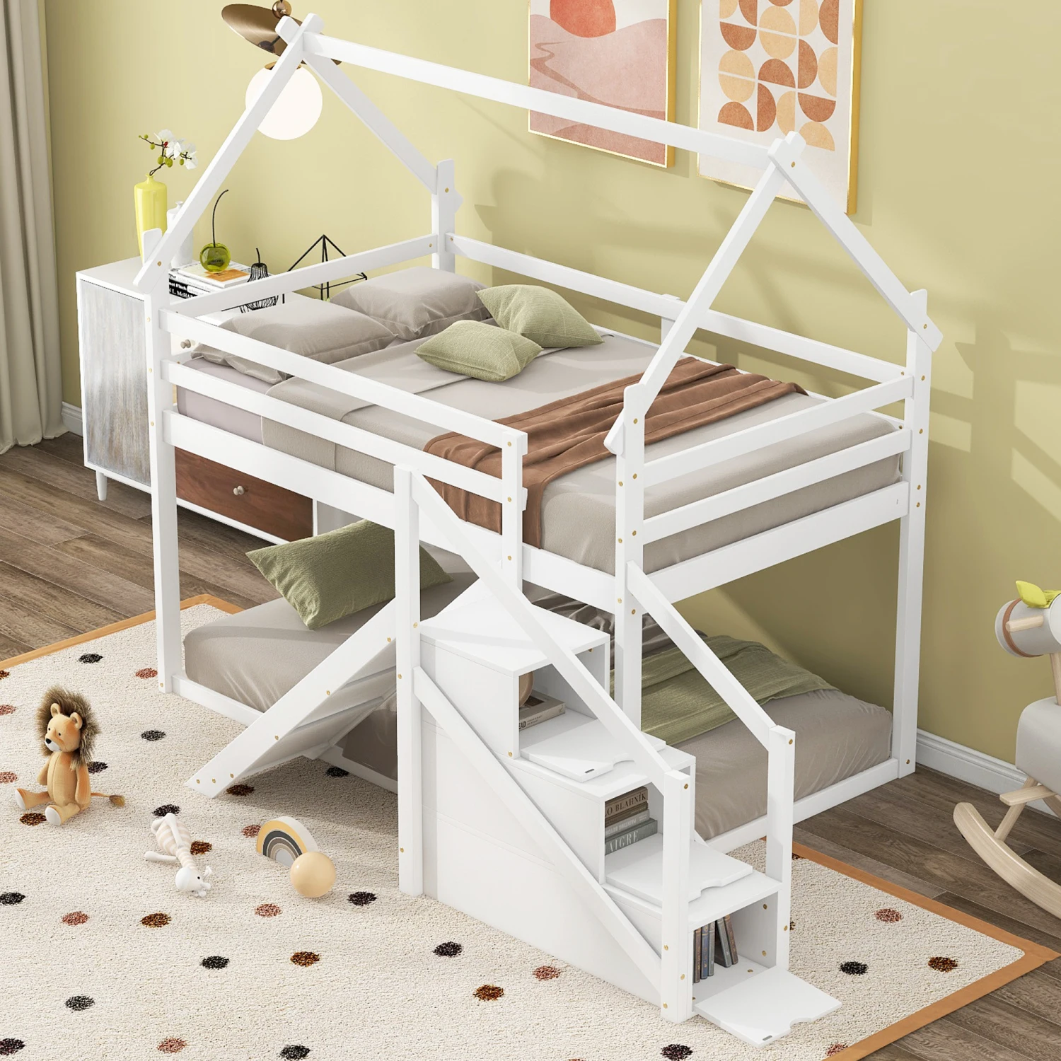 

Twin over Twin House Loft or Bunk Bed with Slide and Staircase, White