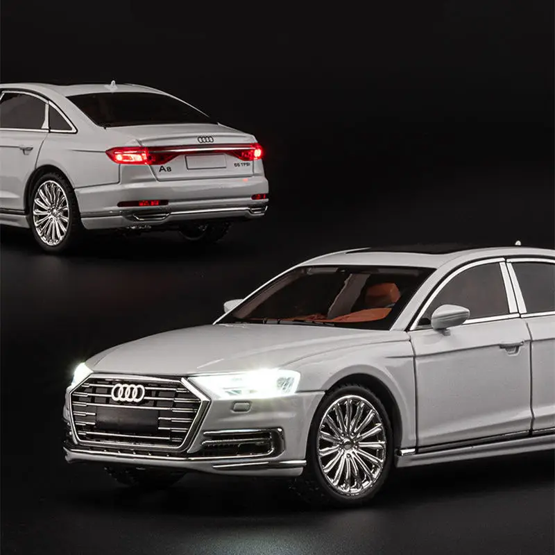 Modelo de coche de aleación AUDI A8, juguete de Metal fundido a presión, vehículos Luxy, simulación de sonido y luz, colección, regalo para niños,