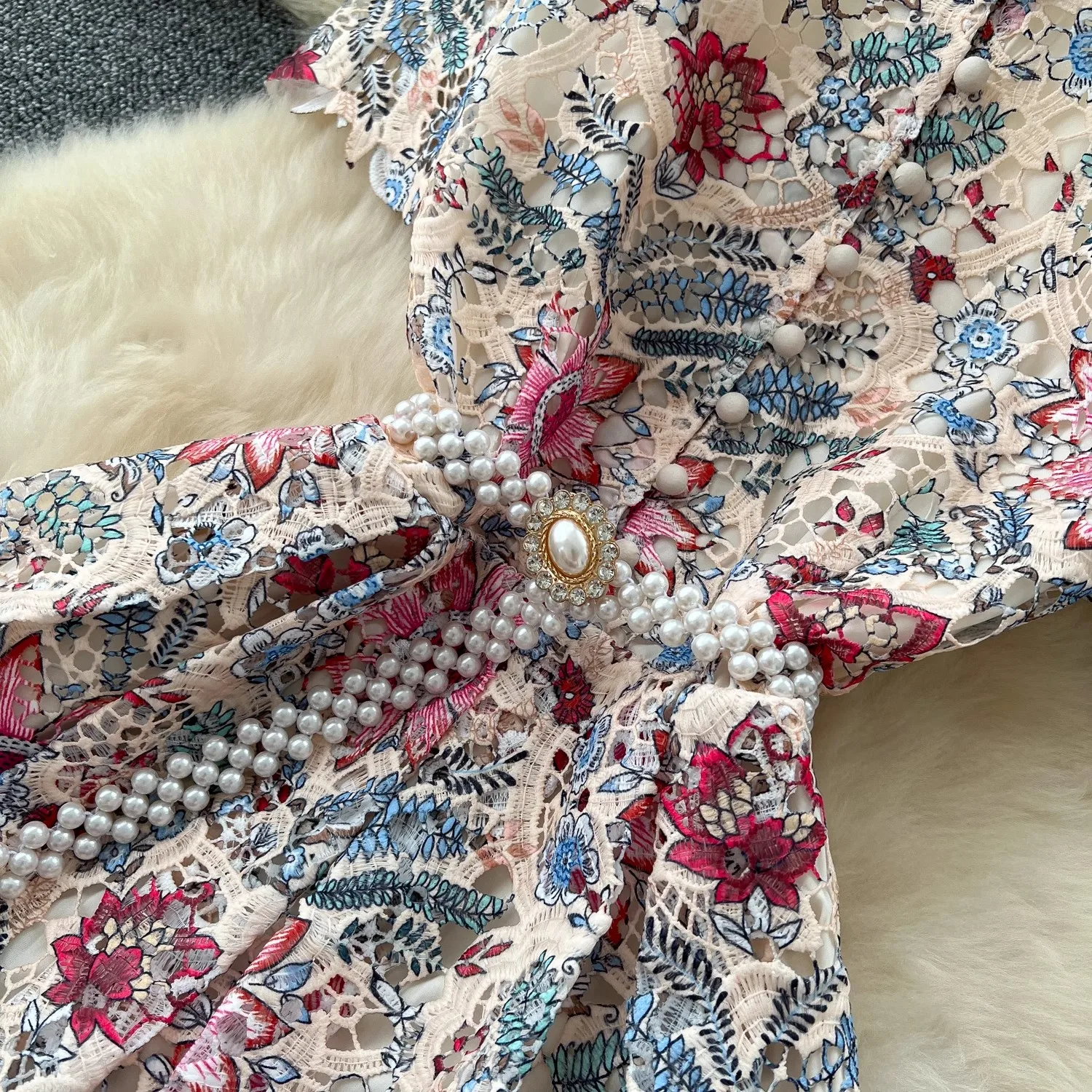 Vestido elegante de encaje calado para mujer, Vestido largo de fiesta de noche con cinturón y cuentas de cristal, manga corta, cuello redondo, bordado de flores, verano