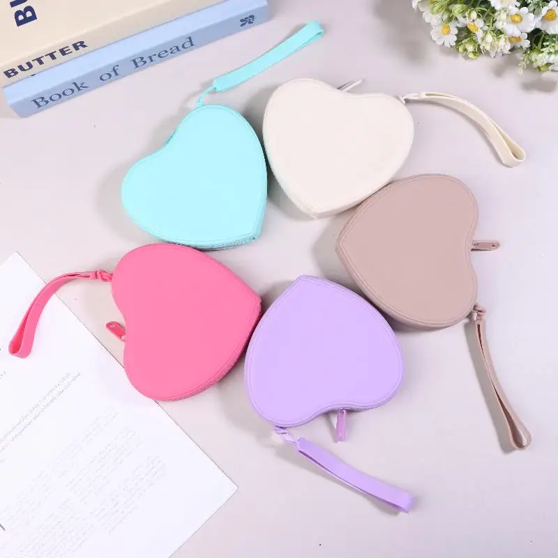 1pc Portable Silicone Coin Purse Waterproof Heart-shaped Small Wrist Wallet Solid Color Zipper Travel Sundries Storage Bag