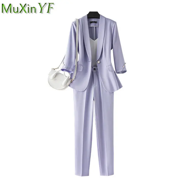 

Women's High-End Graceful Work Clothing 2022 Spring Summer Thin Office Lady Elegant Purple Suit Coats+Sling Vest+Pants Outfits