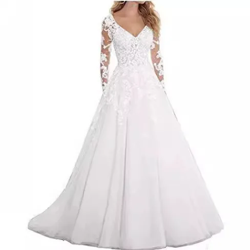 

MK1574-Long sleeve see-through evening dress with train