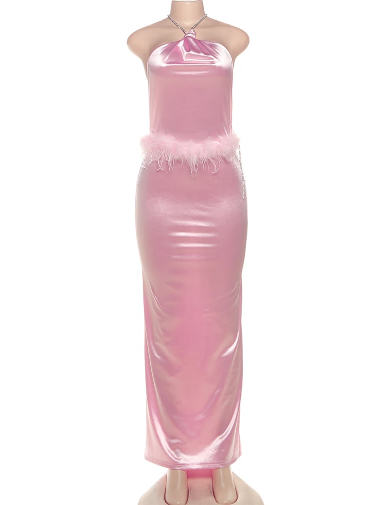 Weird Puss Satin Feather Waist Dress Women Y2K Sexy Sleeveless Backless Tassel Rhinestones Split Banquet Party Clubwear Vestidos