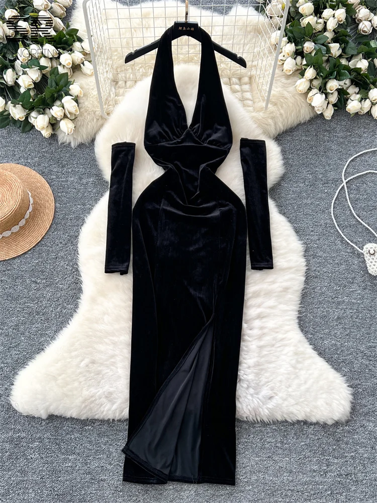 SINGREINY Elegant Party Velvet Dress Women Oversleeve Slim Halter Solid Chic Split Deep V Neck Backless Fashion Sexy Dresses