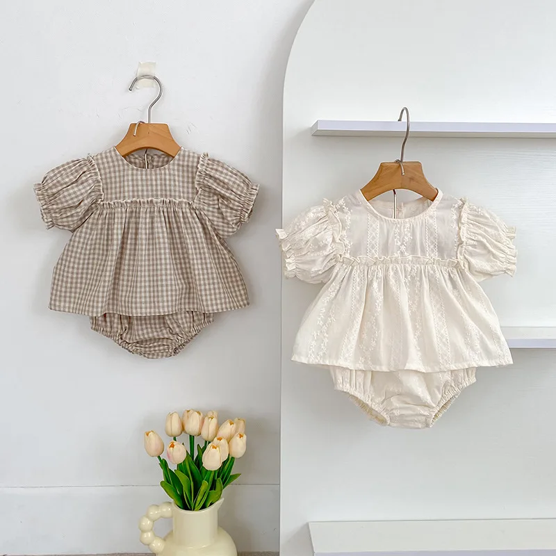 2026 New Baby Outfit Set Summer Bubble Sleeve Plaid Top + Shorts Casual Daily Wear Cotton Infant Clothes Cute Outfit for Girls