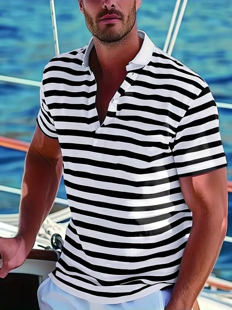 Men's Short Sleeved Polo Shirt with Striped 3D Printing Summer Casual Fashion Artistic Minimalist Style Commuting Daily Wear Top