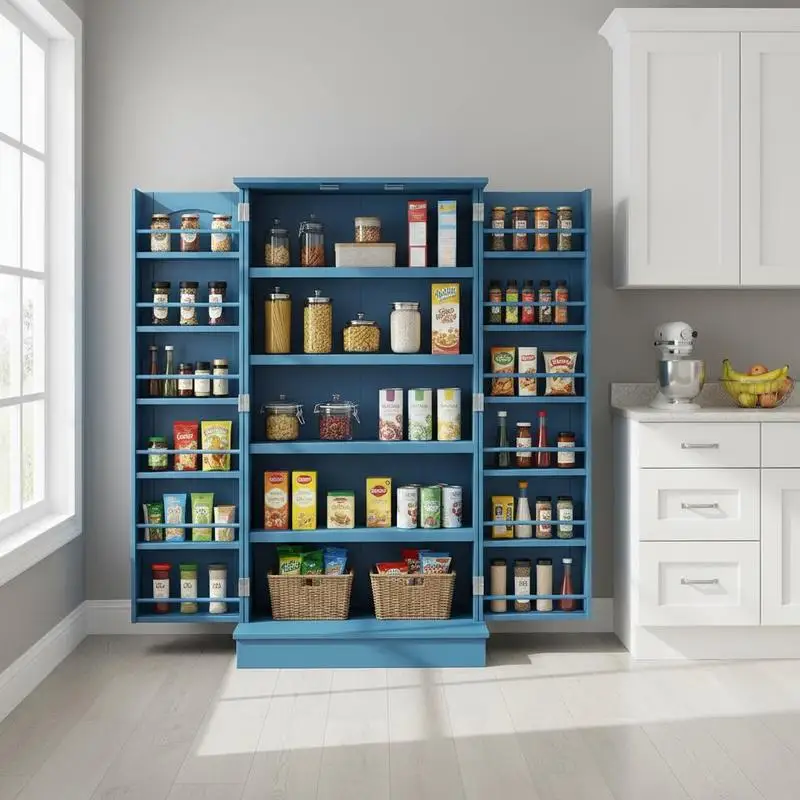 

Freestanding Kitchen Pantry Cabinet, Kitchen Cabinet with 12 Door Shelves, Double Doors, 5-tier Shelving, Blue