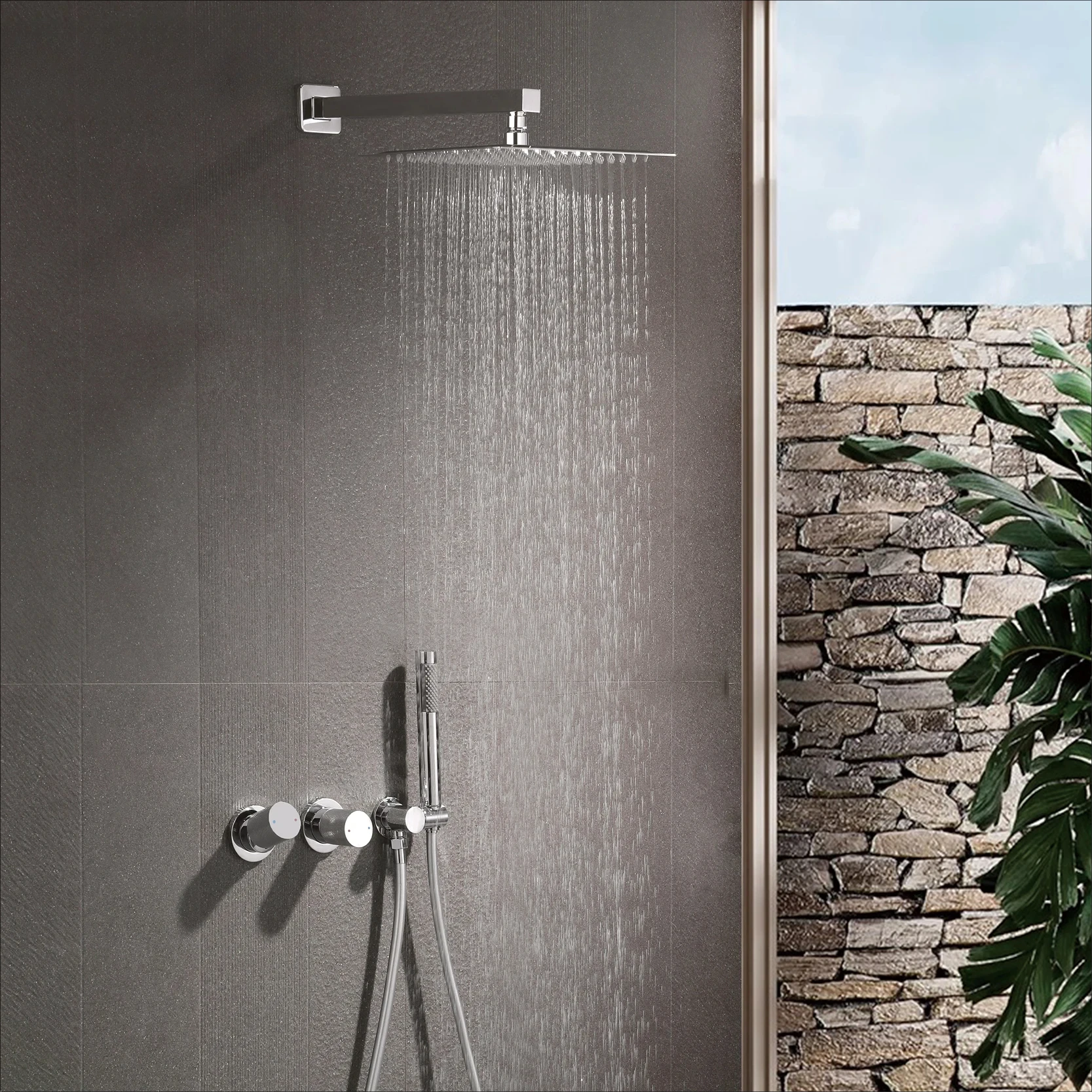 

Luxury gun gray brass wall mounted shower system embedded design with 2 handles dual control hot and cold water bathroom faucet