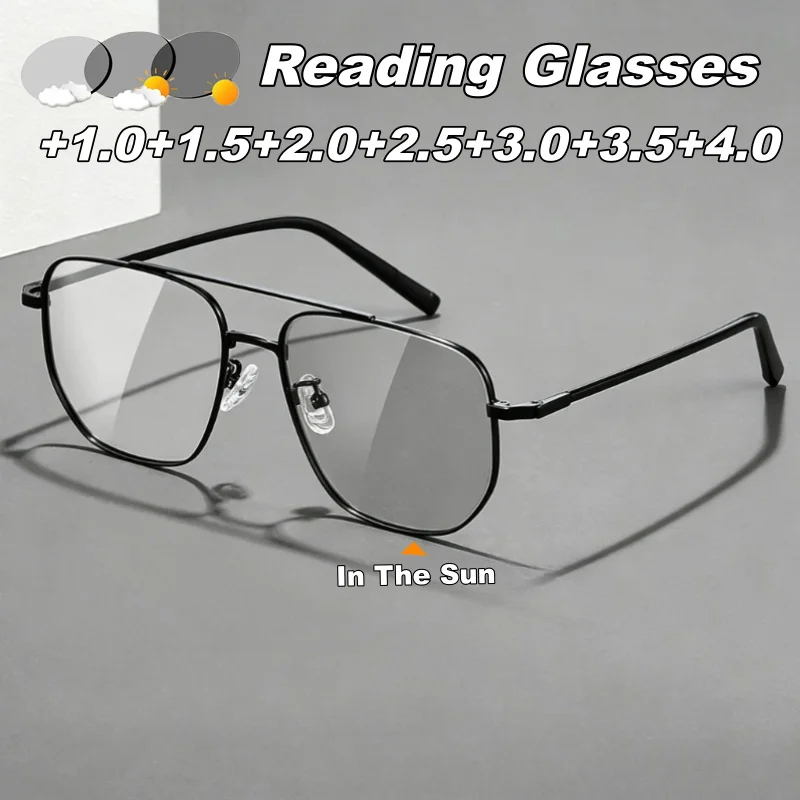 Metal Double-Bridge Photochromic Presbyopia Glasses Women’s Fashion Square Large-Frame Color Changing Lenses Reading Glasses