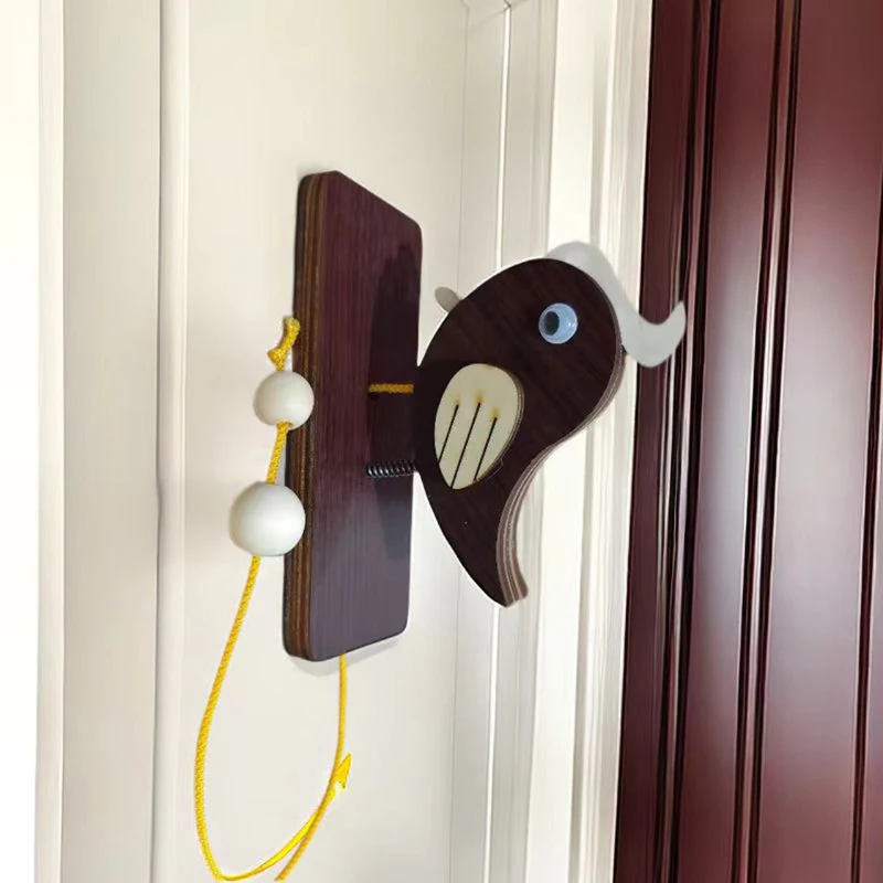 Woodpecker Door Knocker Wooden Doorbell Funny Creative Handmade Bird Decoration for Entrance Pull Rope Doorbell