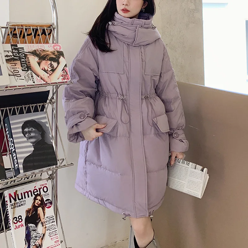 New Drawstring Waist Thin Down Jacket Women White Duck Down Thicken Hooded Medium-length Puffer Jacket Fashion Loose Women Coat