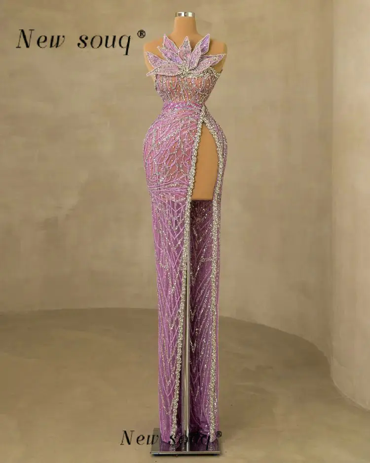 3 Designs Lilac Purple Sexy Deep Slit Long Sleeveless Evening Dresses 3D Leaf Sparkle Crystals Stones Wedding Reception Gowns