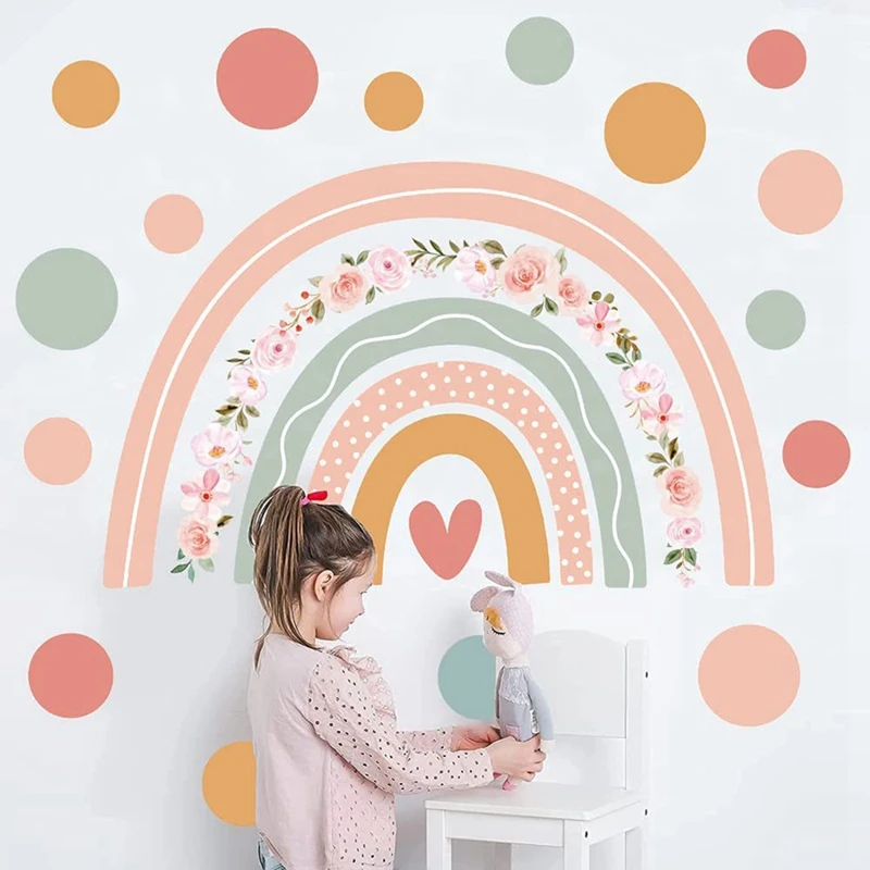 Large Rainbow Flower Wall Stickers Boho Polka Dots Wall Decal Vinyl For Room Kids Nursery Playroom Classroom Wall Decor
