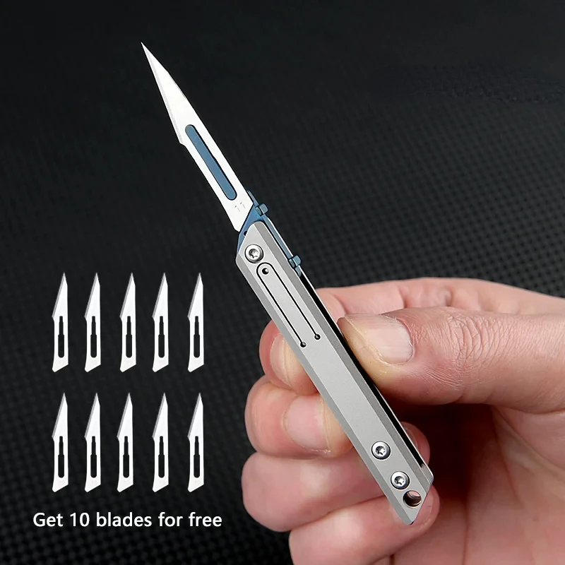 Mini Titanium Alloy Folding Surgical Knife, Medical Outdoor Open Box Portable Surgical Knife with 10pcs Replaceable Blades