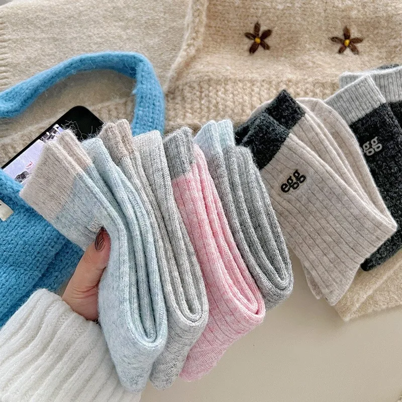 Ladie's جوارب من الصوف الدوبامين المتناقضة إلكتروني التطريز الرجعية Harajuku لطيف منتصف جوارب أنبوبية الشتاء الصوف سميكة الجوارب الدافئة #4
