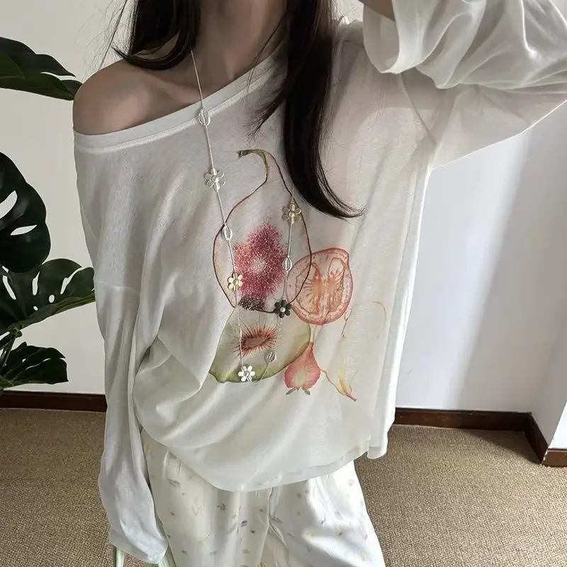 Deeptown Elegant Off Shoulder T Shirt Women Korean Style Transparent Long Sleeve Tees Y2k Thin Loose Vintage Streetwear Tops