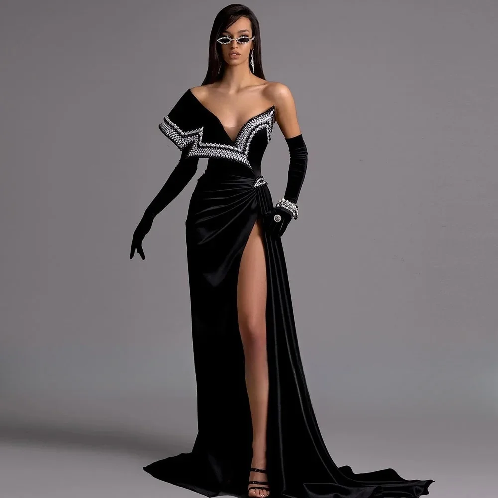 

Black Slit Pearls Long Bespoke Occasion Gown Evening Dresses Prom Pastrol Unisex Jersey Retro Dubai Saudi Arabic Customized