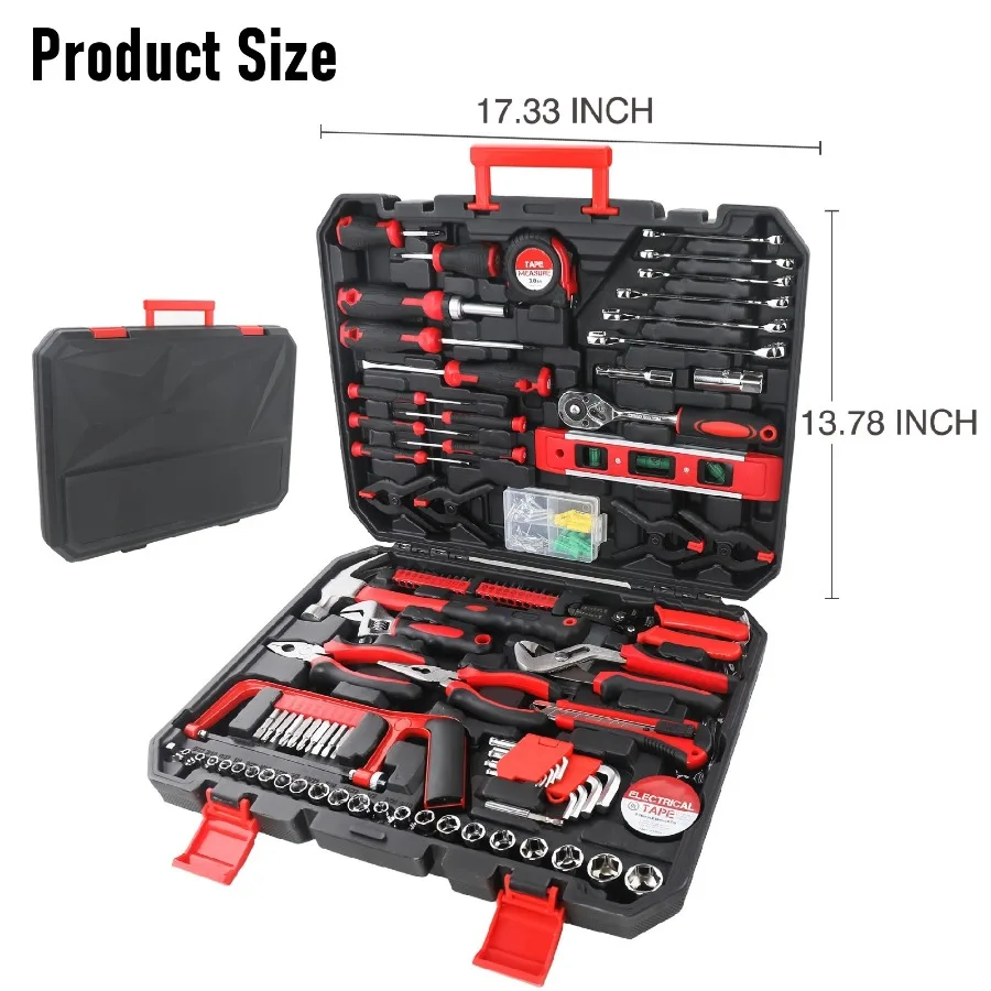 328-Piece Mechanics Tool Set with Case 1 4" and 1 2" Drive Wrenches Professional Tools Kit for Car Repair Red view 3