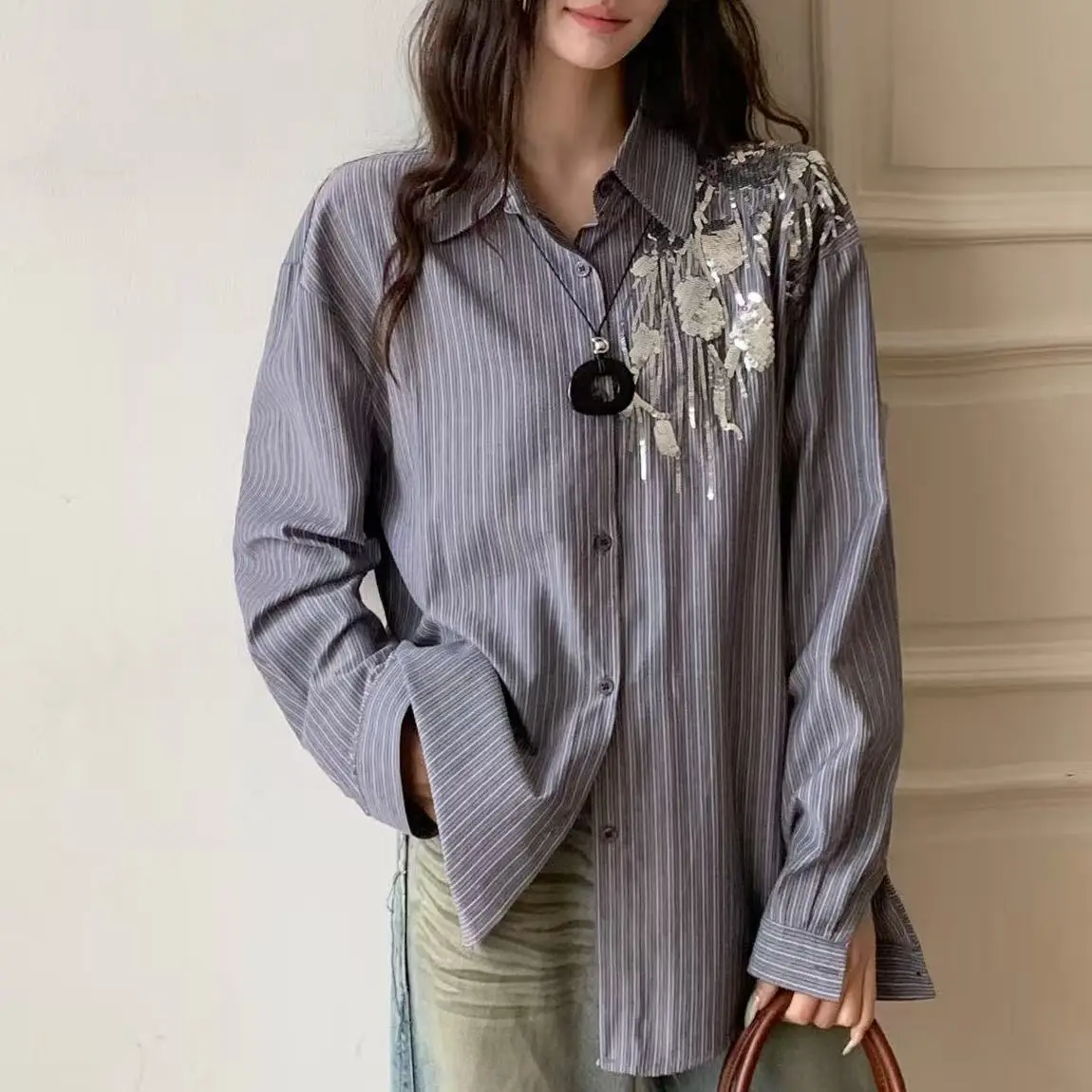Luxury Design Bling Sequins Embroidery Trend 2025 Shirts Blouses Women's Long Sleeve Loose Casual Tops Woman Clothes