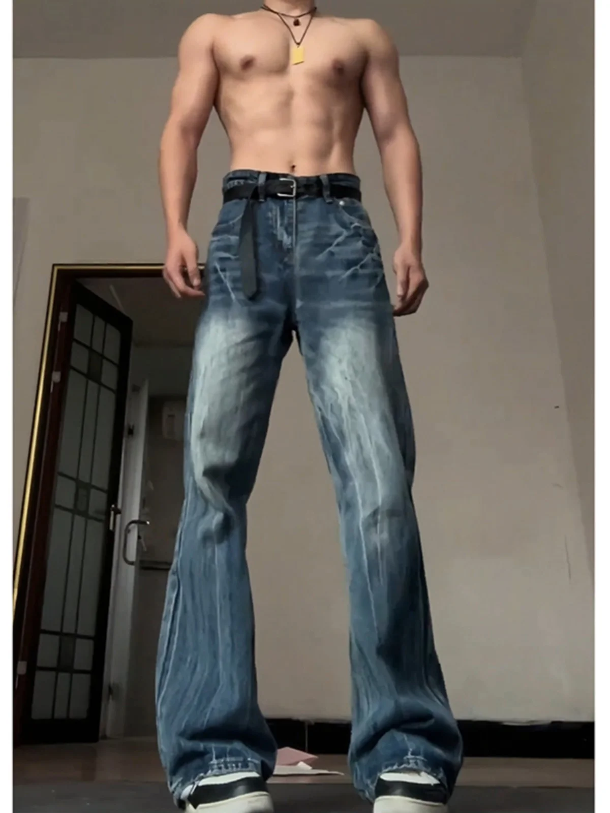 

Blue Lightning Cra Denim Jeans Men's Summer Wa Slim Micro Flared Straight American High Street Vibe Pants Youth Faion