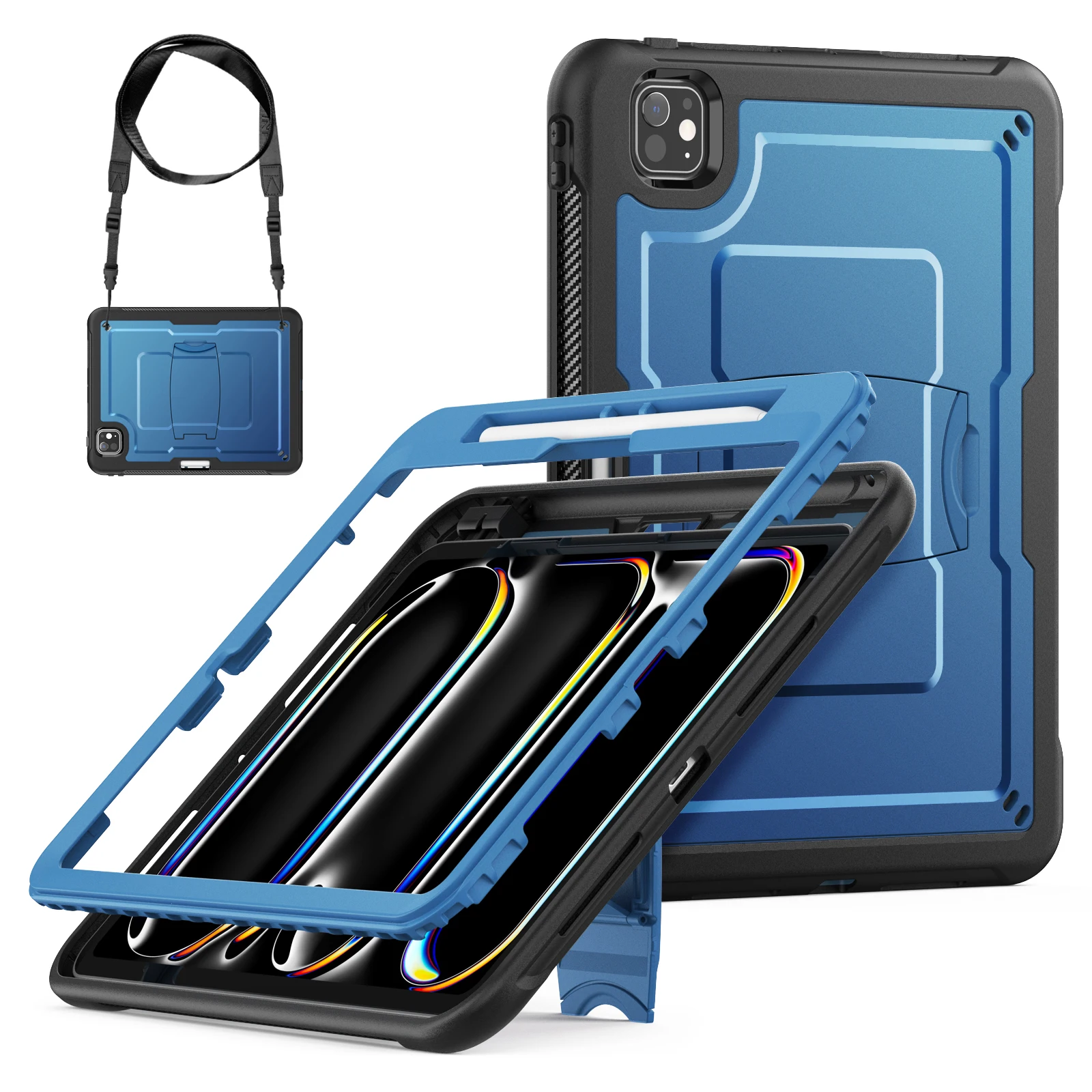 

Для iPad Pro 11 (2024) M4 A2836 Чехол со скрытой подставкой из цинкового сплава для ПК + чехол для планшета из ТПЭ с плечевым ремнем - темно-синий