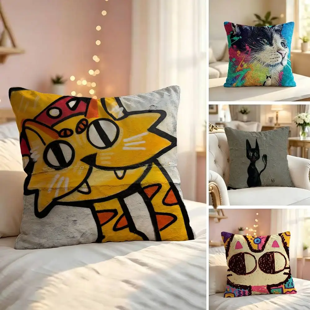 Art Formula Cat Graffiti Soft Pillow Shell For Sofa Living Space Bedroom Headboard Backrest Square Cushion Cozy