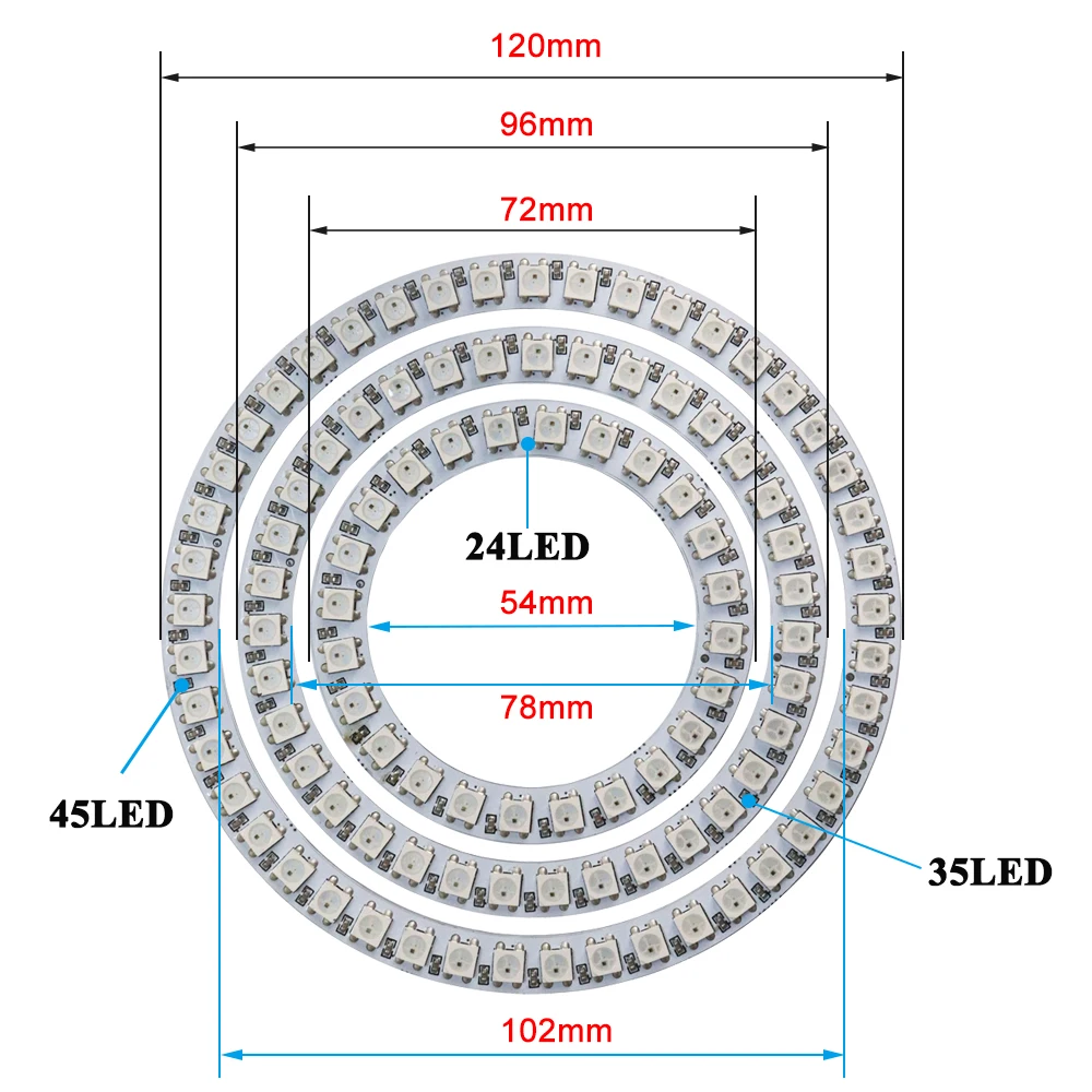 DC5V WS2812B Music Rhythm LED Ring Light Round Module 24/35/45 LEDs Individually Addressable RGB Light with SP107E Controller