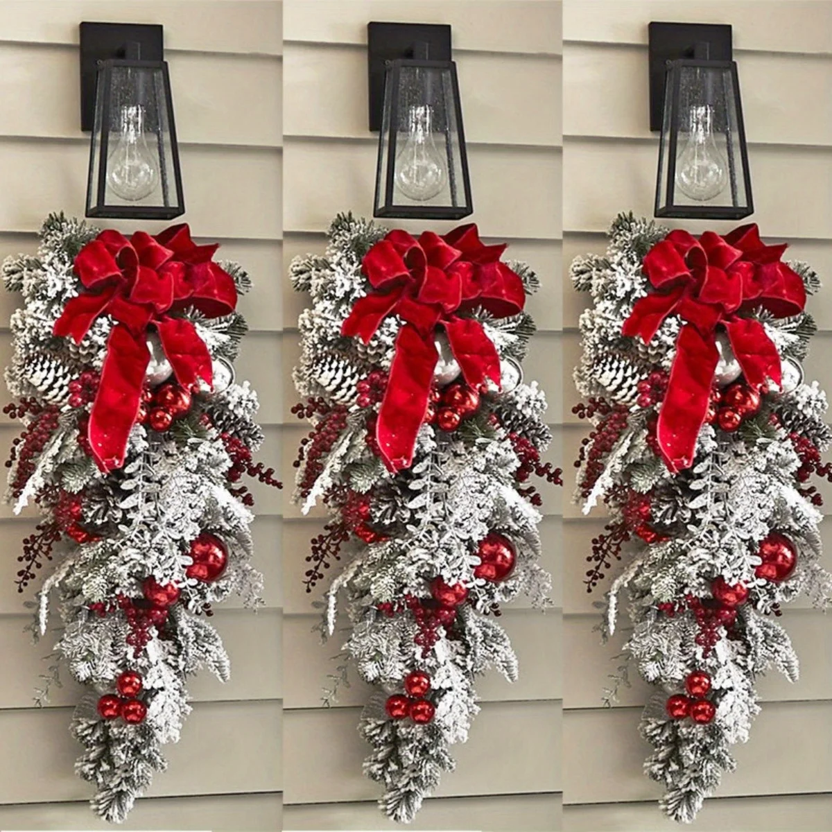 

3 Pcs Artifical Christmas Teardrop Swags for Front Door, Christmas Garlands with Red Berry Pine Cone Balls for Xmas Home Decor
